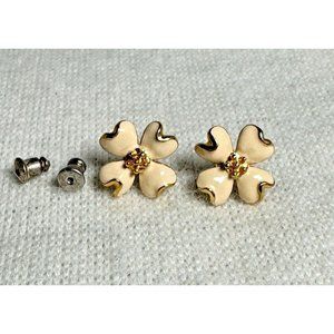 Vintage Gold Tone Cream Enamel Flower Earrings - 1/2"
